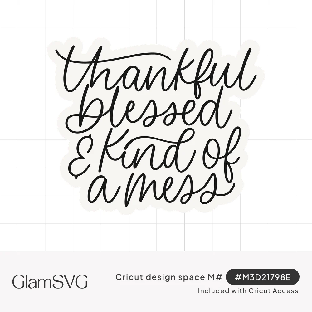 Black hand-lettered script reading thankful blessed & kind of a mess with looping swashes on a white background