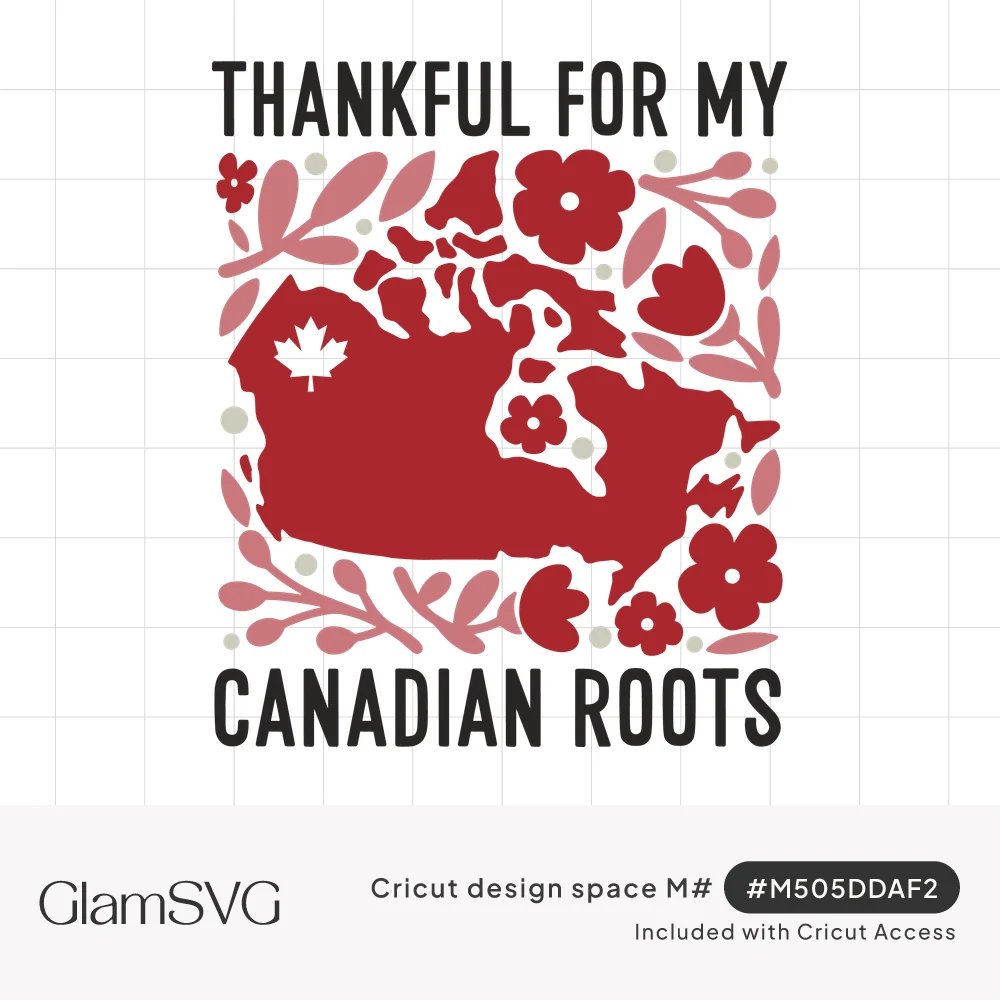 Red map of Canada with a white maple leaf among pink and red folk flowers, with Thankful For My Canadian Roots lettering
