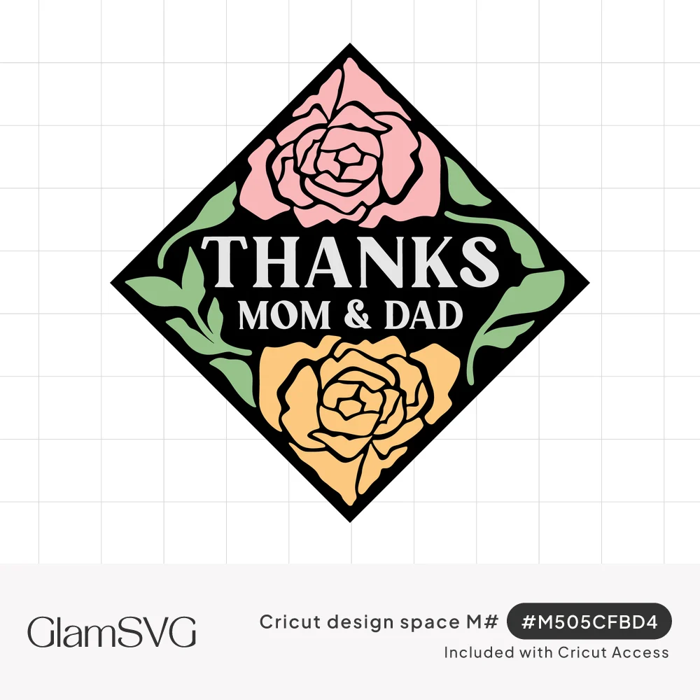 Black diamond design with pink and peach roses, green leaves and white Thanks Mom & Dad lettering in the center