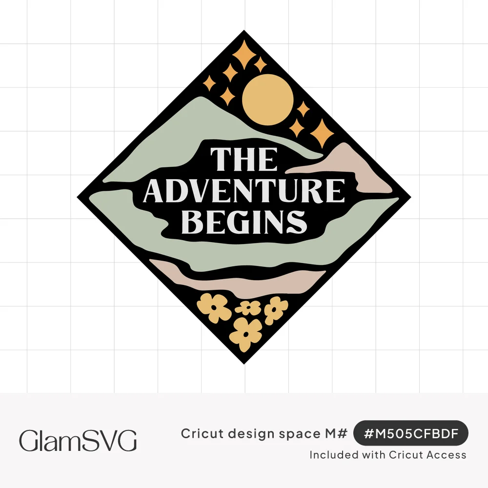 Diamond badge with sage mountains, golden sun, stars and yellow flowers around the words The Adventure Begins