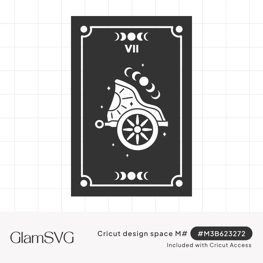 Charcoal tarot card with white chariot, moon phases, stars and Roman numeral VII inside a decorative border