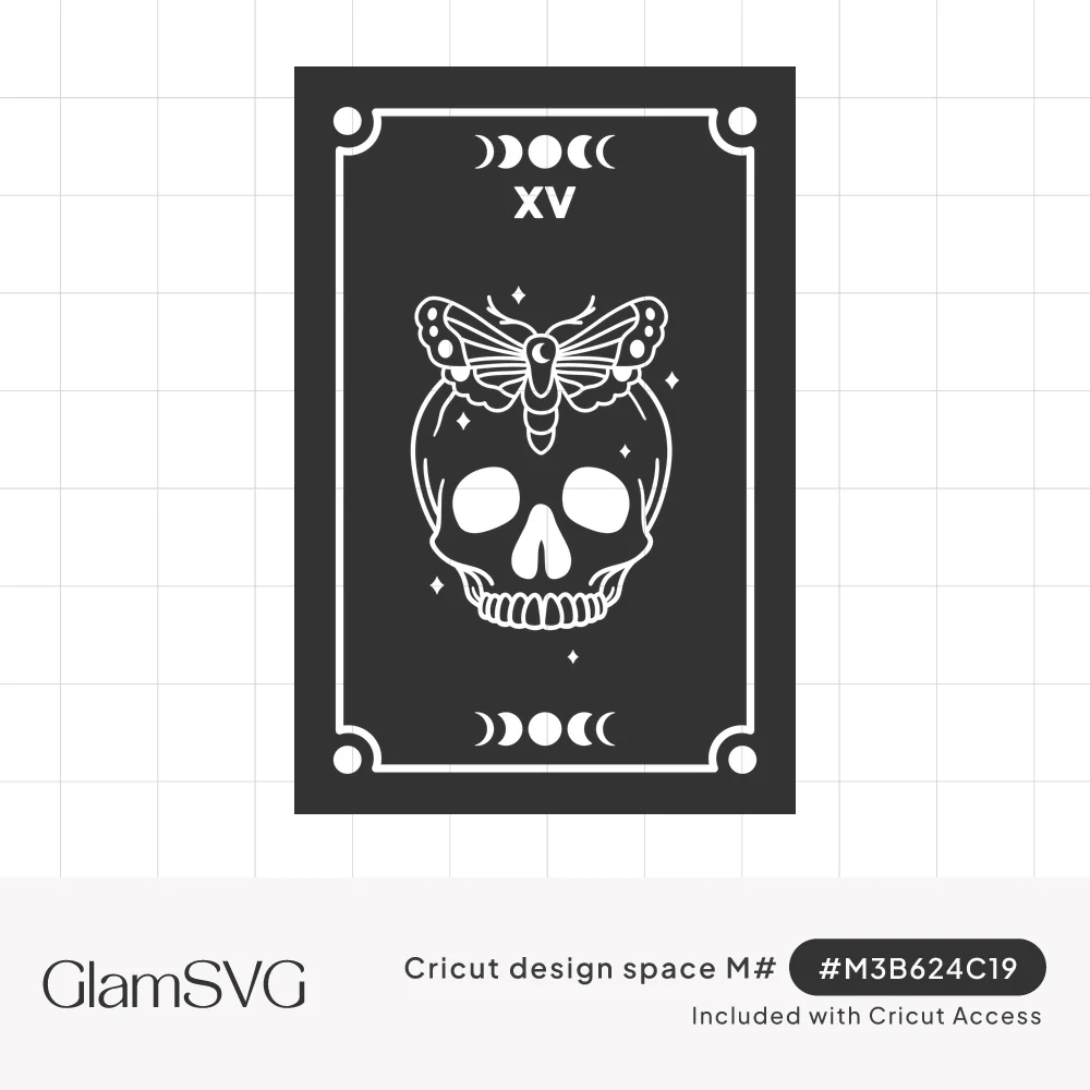 Tarot card labeled XV with a skull topped by a moth, sparkles, and moon phases at top and bottom inside a border