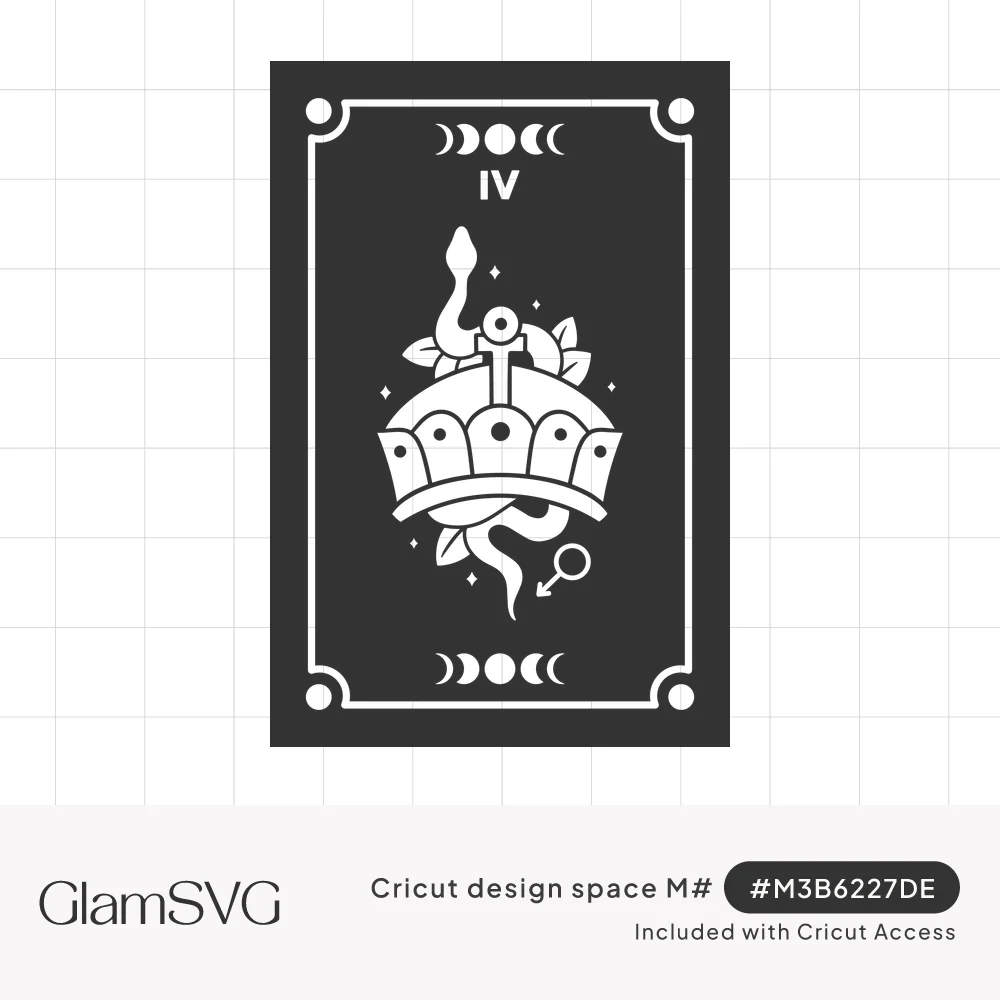 White line art tarot card with numeral IV, moon phases, crown with cross, coiled snake, leaves, and sparkles on dark backgrou