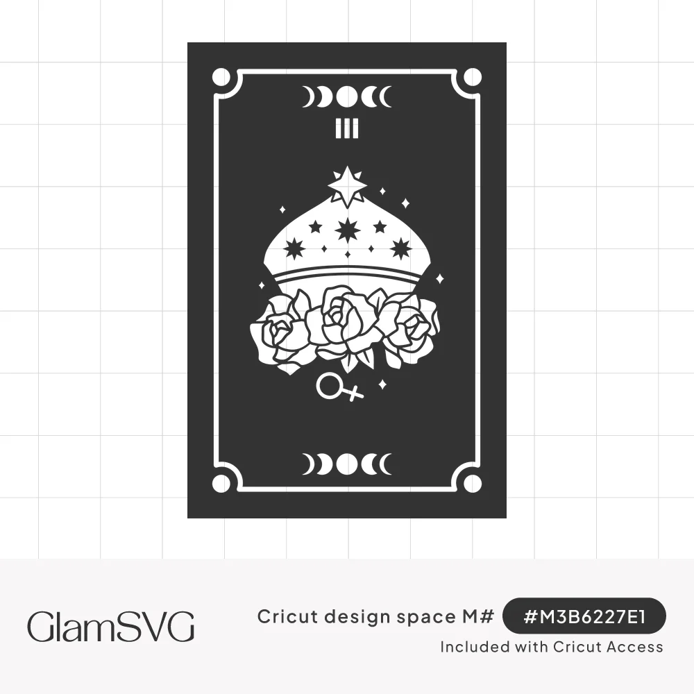 Empress tarot card with Roman numeral III, star-covered crown, roses, Venus symbol and moon phases in a bordered frame