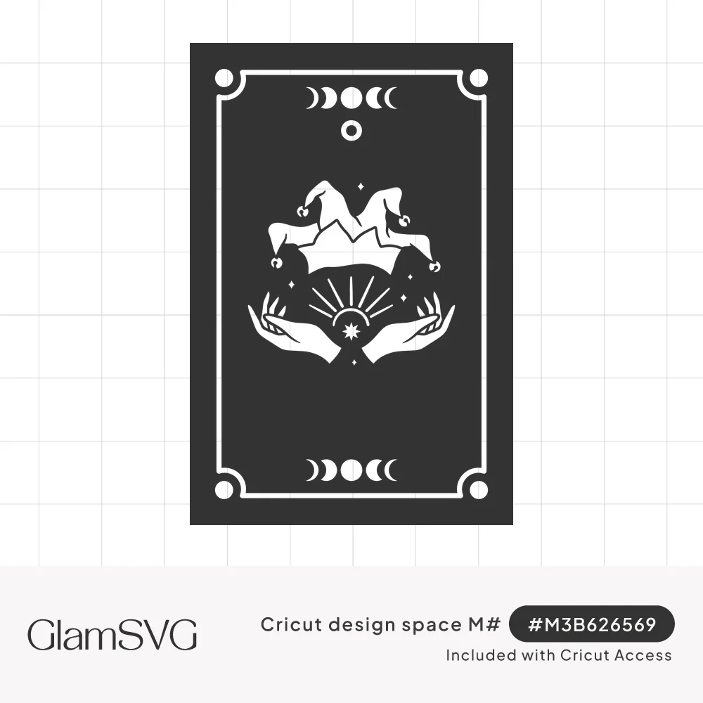 Dark tarot card with white jester hat above open hands, a rising sun, stars and moon phases inside a decorative border