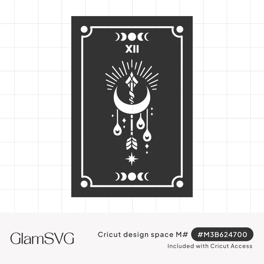 Dark tarot card numbered XII with crescent moon, downward arrow, sun rays, hanging drops, stars and moon phases in a border
