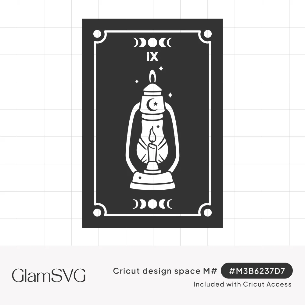 Black tarot card showing a candle lantern with crescent moon, sparkles, Roman numeral IX and moon phases in a dotted border