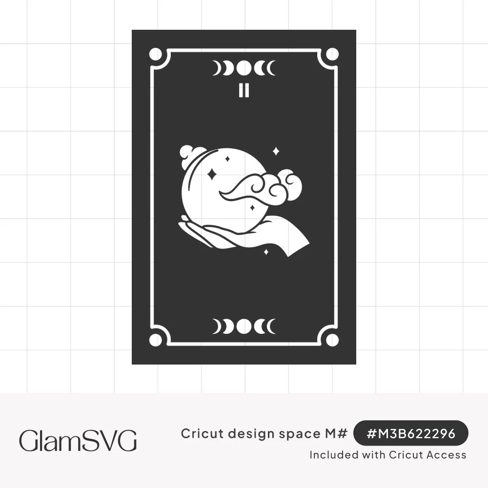 Dark tarot card with a hand holding a crystal ball, clouds, sparkles, moon phases and the Roman numeral II