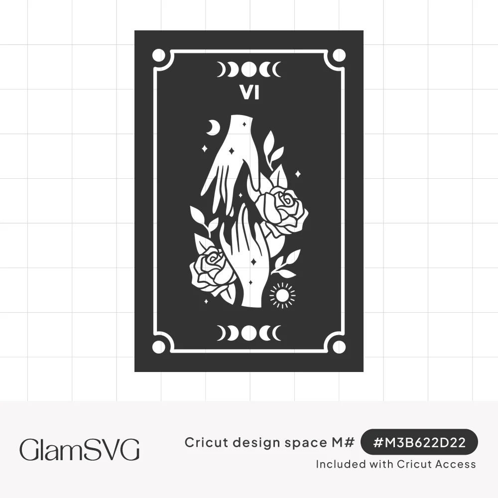 Tarot card marked VI with two reaching hands, roses, leaves, stars, a crescent moon, a sun and moon phases in a border