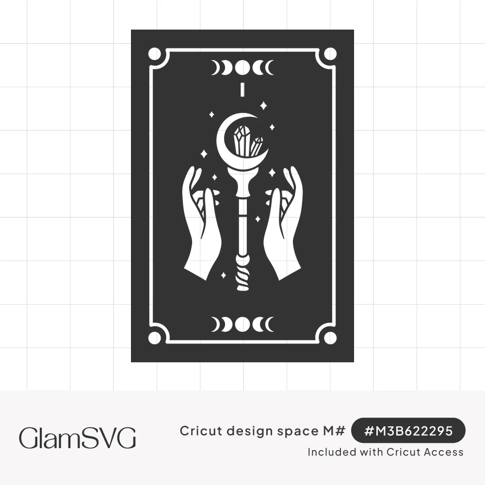 Dark tarot card with white hands holding a crescent moon crystal wand, sparkles, Roman numeral I and moon phase borders