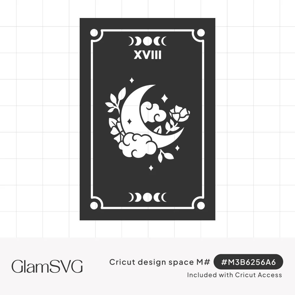 Tarot card XVIII design with a crescent moon, clouds, rose and leaves, framed border and moon phases at top and bottom