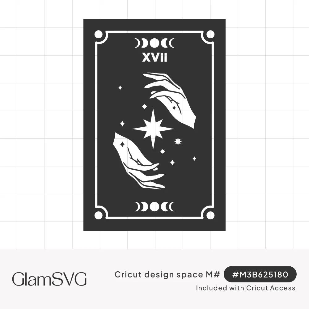 Dark tarot card with white hands reaching toward a star, sparkles, moon phase borders and Roman numeral XVII