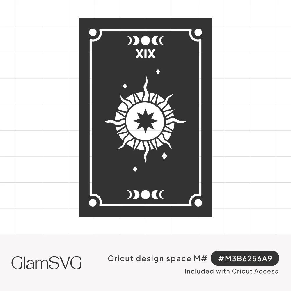 Dark tarot card with a white sun, flame rays and star center, moon phases top and bottom, and Roman numeral XIX