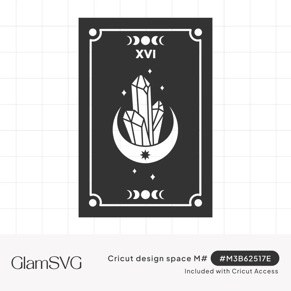 Tarot card numbered XVI with crystals in a crescent moon, stars and moon phases inside a decorative frame