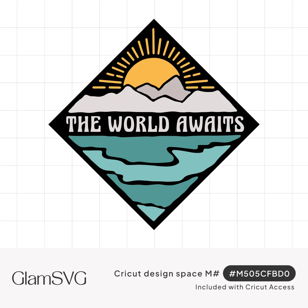 Diamond badge with a yellow sun over gray mountains, teal water, and the words The World Awaits in white lettering