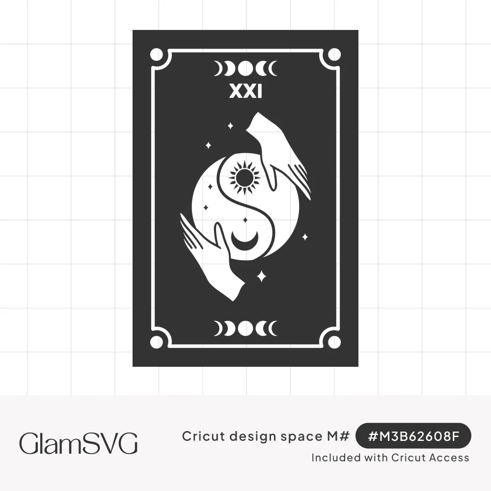 Tarot card numbered XXI with two hands around a sun and moon yin-yang circle, moon phases and sparkles