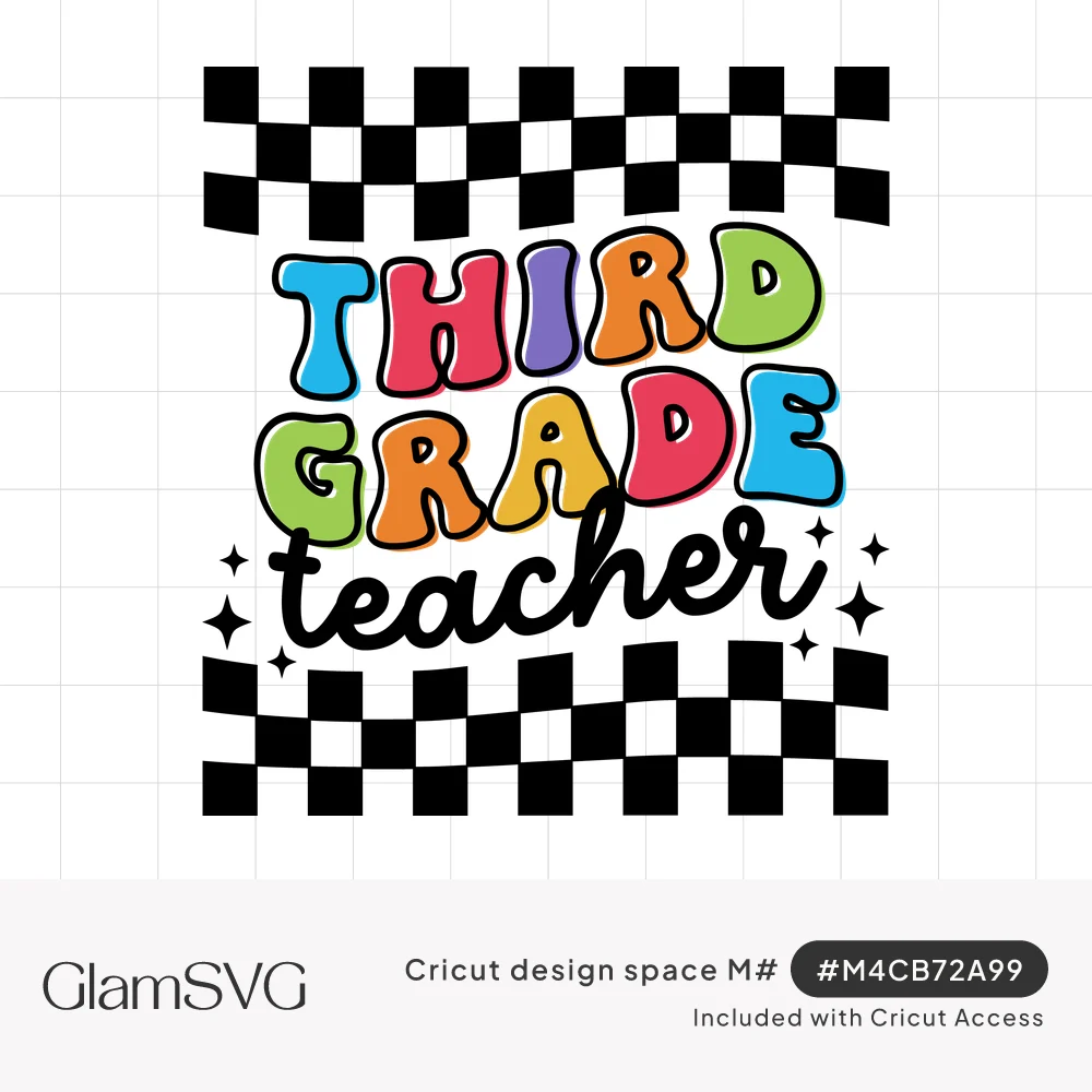 Rainbow bubble letters reading Third Grade with black script teacher between wavy black and white checkered bands