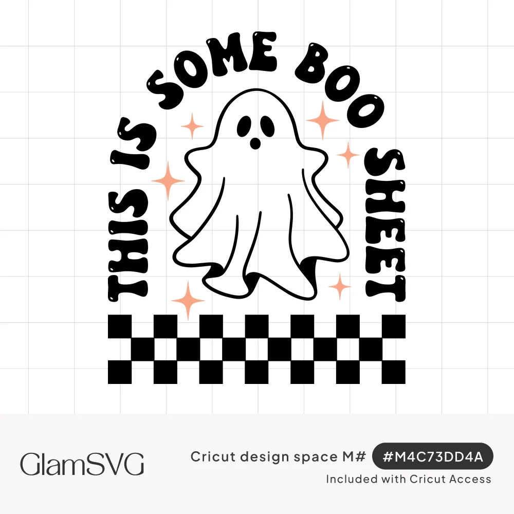 Retro arched text reading This Is Some Boo Sheet over a cute bedsheet ghost with peach sparkles and a checkered band