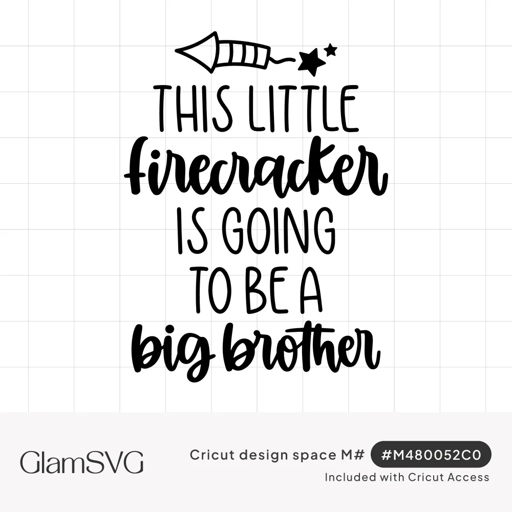 Black lettering reading This Little Firecracker Is Going To Be A Big Brother under a firecracker rocket with two stars