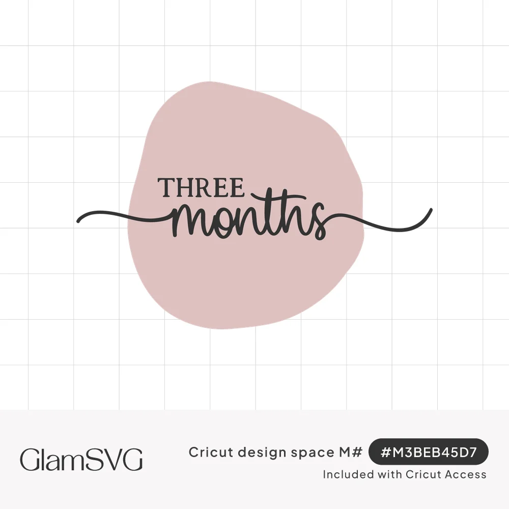 Serif word THREE above flowing cursive months with long swashes, set on a soft pink blob shape