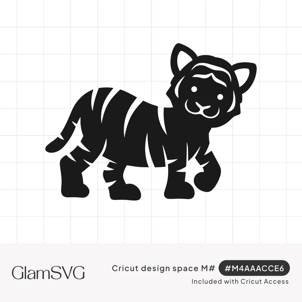 Black silhouette of a smiling baby tiger cub walking, with white cut-out stripes on its body, legs and face
