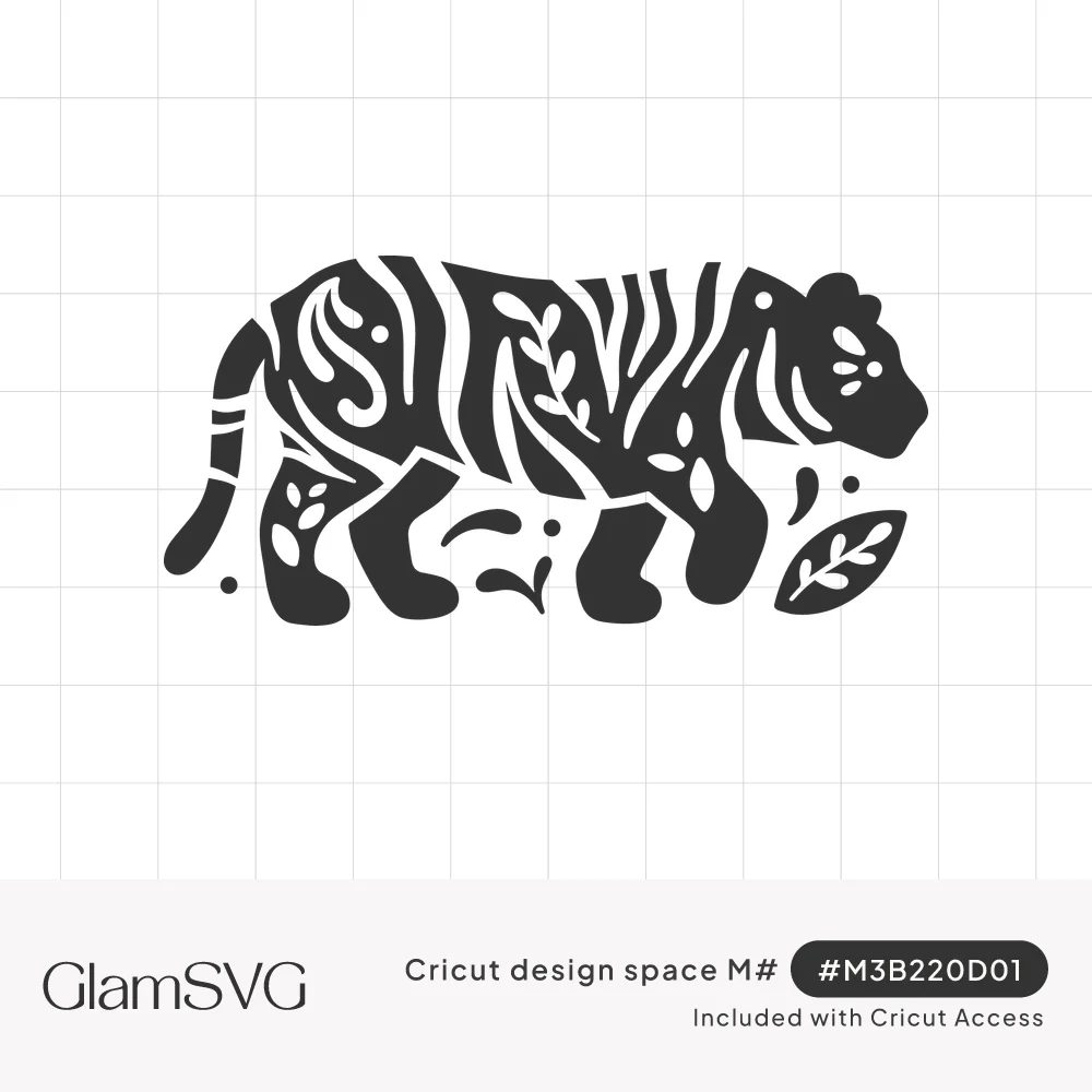 Black silhouette of a walking tiger with stripes formed by leaves, vines and botanical cutouts, with a leaf beside its paw