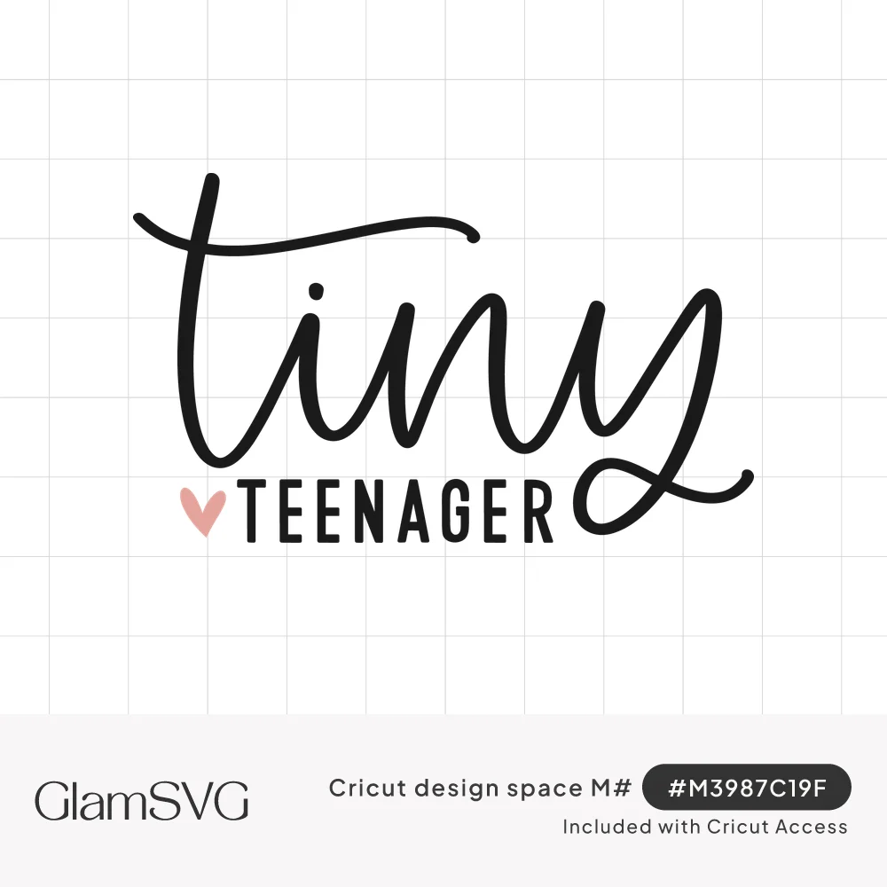 Black brush script word tiny above block letters TEENAGER with a small pink heart on the left