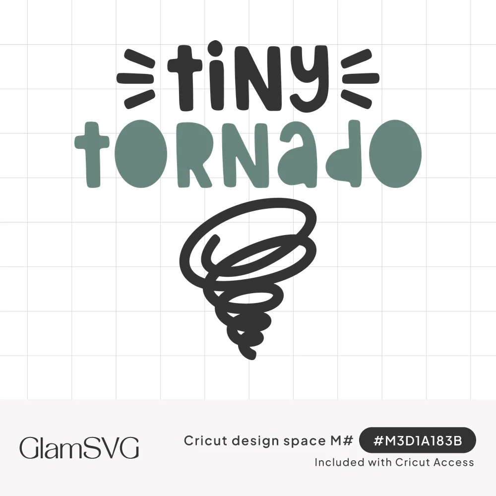Hand-lettered "tiny tornado" in charcoal and sage green with burst lines and a scribbled spiral tornado below