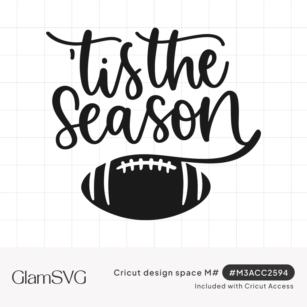 Black script lettering reading 'tis the season above a football with white laces and stripes