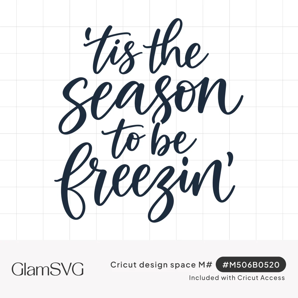 Navy brush script lettering reading 'tis the season to be freezin' stacked in four playful lines