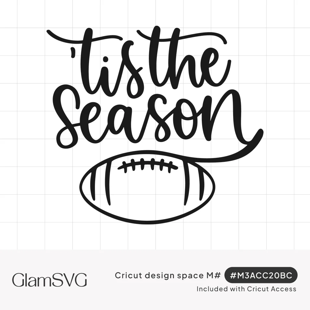 Black script lettering reading 'tis the season with a swash flowing into an outlined football with laces