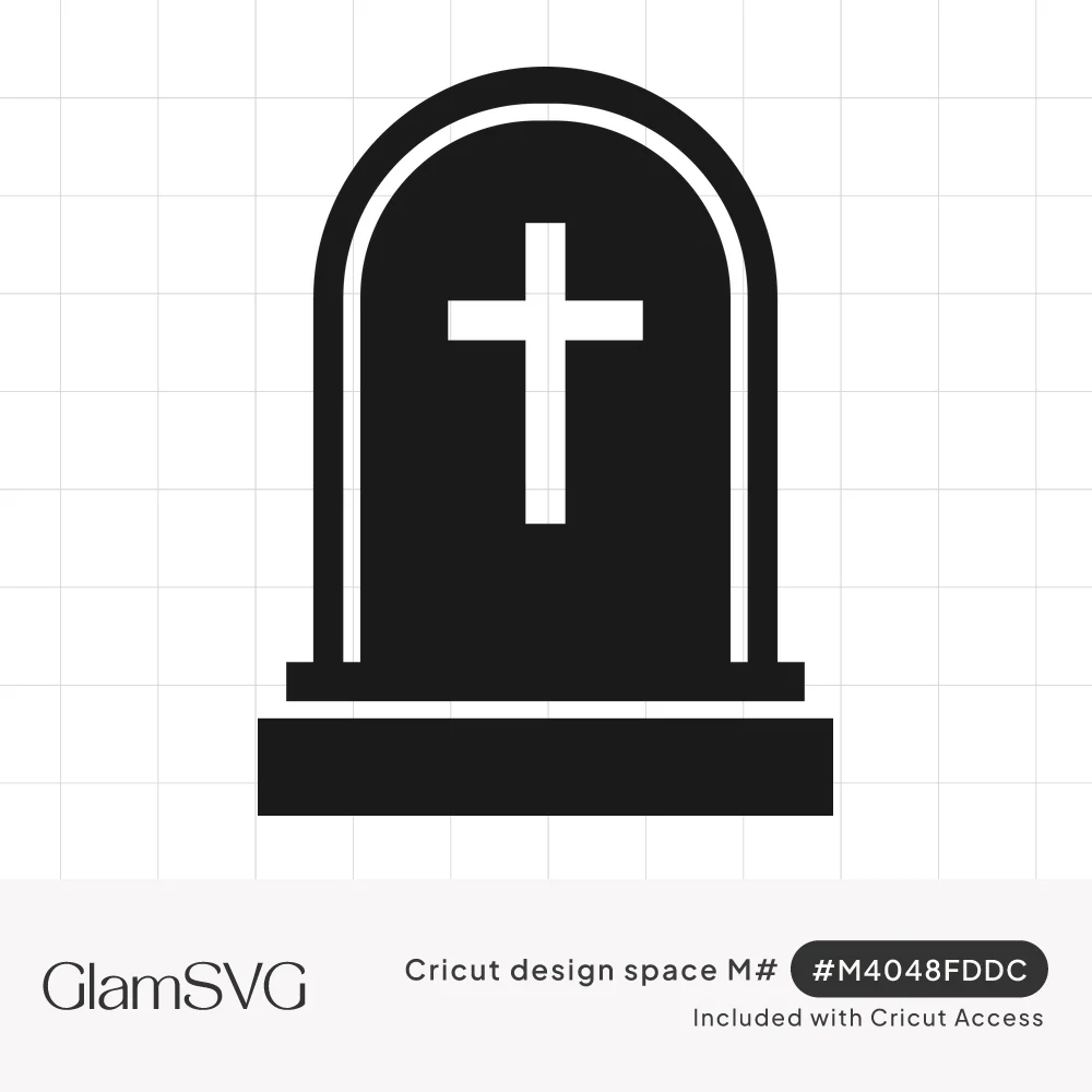 Black silhouette of a rounded tombstone with a white cross, inner arched outline and a stepped base