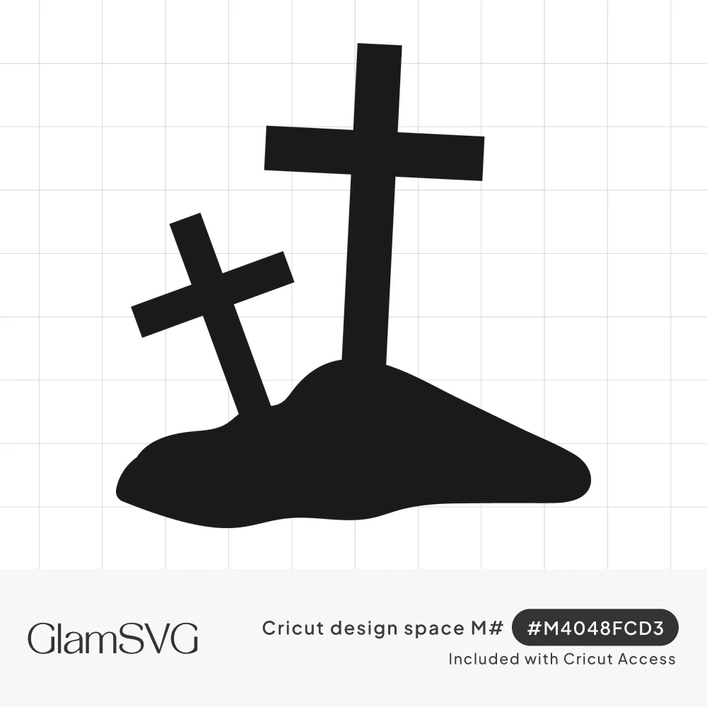 Black silhouette of two grave crosses on a dirt mound, one tall and upright, one small and leaning