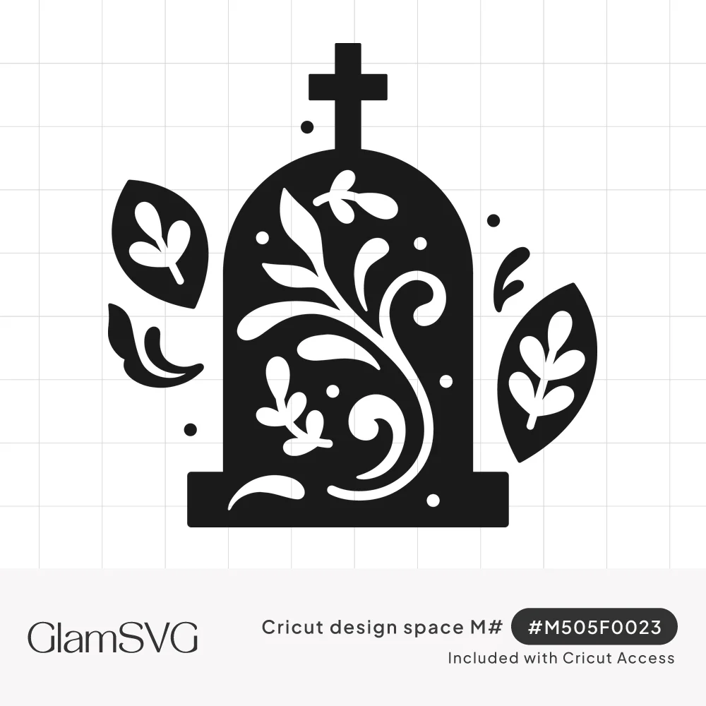 Black silhouette tombstone with a cross on top, white floral swirl cutouts, and leaves floating on both sides