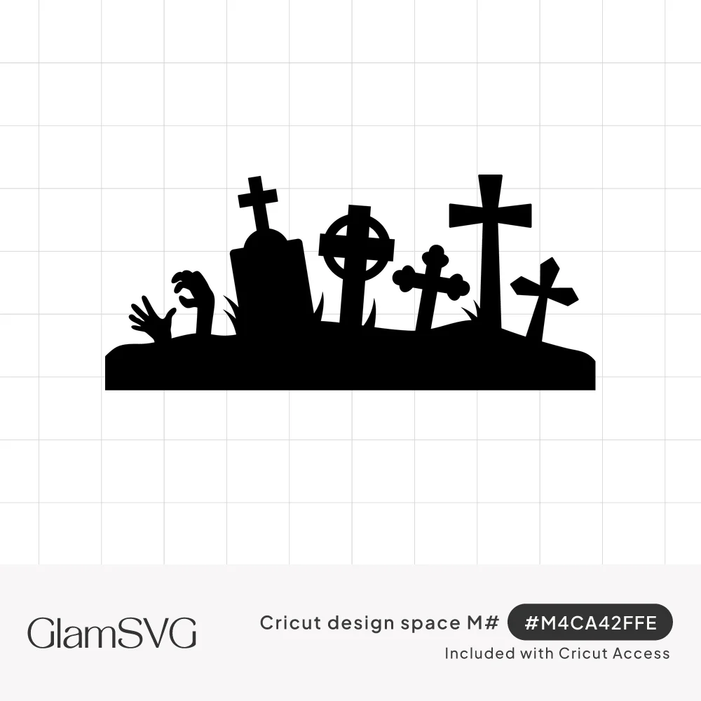 Black silhouette of a graveyard with tombstones, crosses and two zombie hands reaching up out of the ground