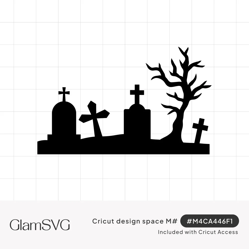 Black silhouette of a graveyard with headstones, crosses and a bare twisted tree on a small hill
