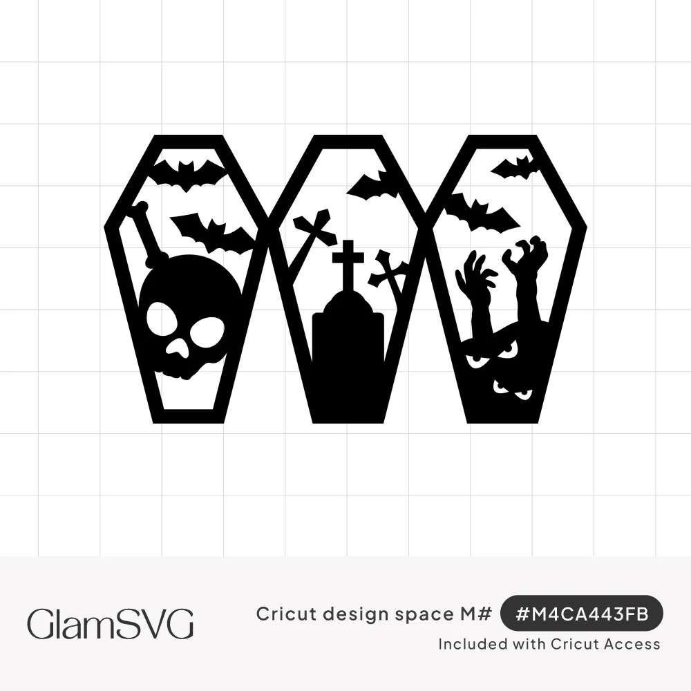 Three black coffin silhouettes showing a skull, a graveyard tombstone with crosses, and zombie hands, with bats above