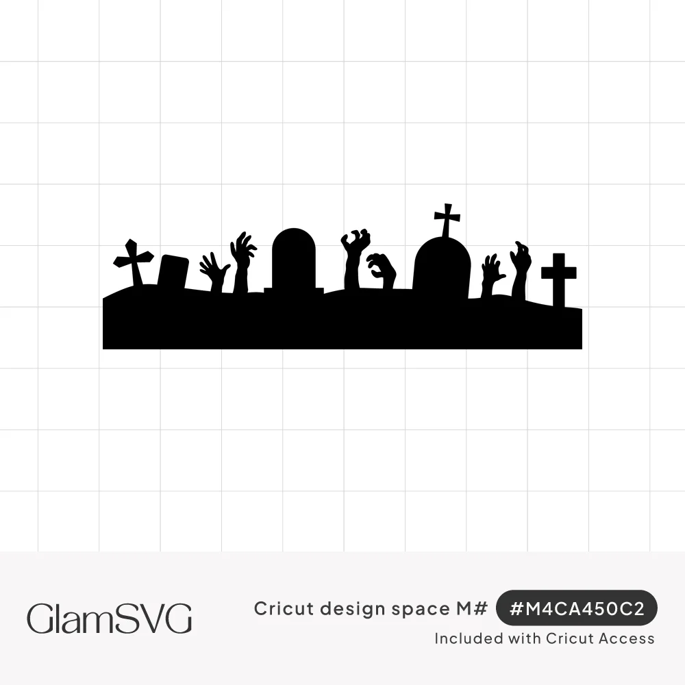 Black silhouette border of a graveyard hill with tombstones, crosses and zombie hands reaching up from the ground
