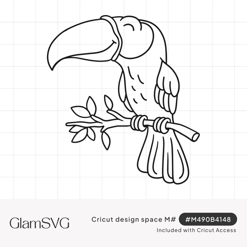 Black line drawing of a smiling toucan with closed eyes perched on a leafy branch