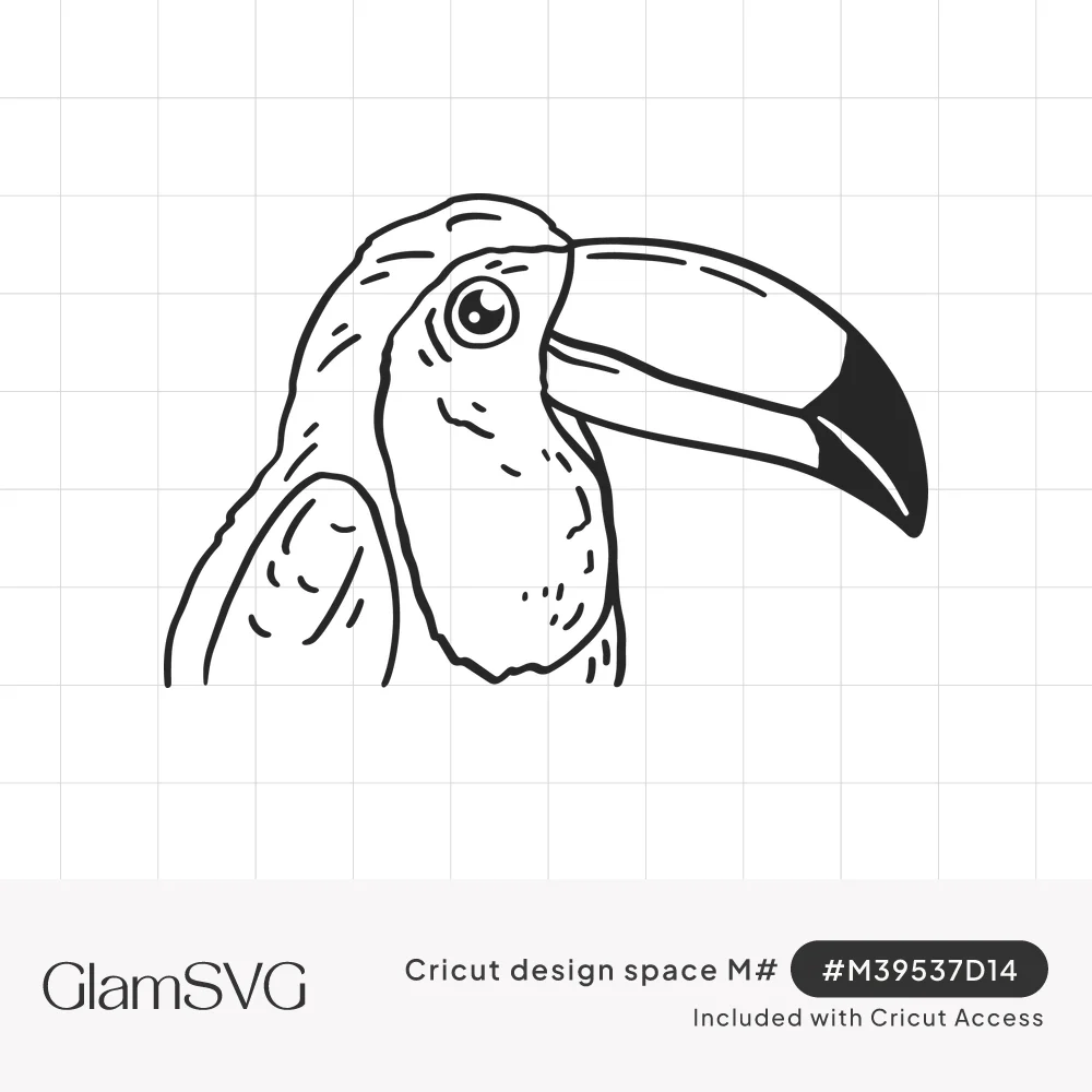 Black line drawing of a toucan in profile with a large curved beak, dark beak tip, round eye and feathered chest
