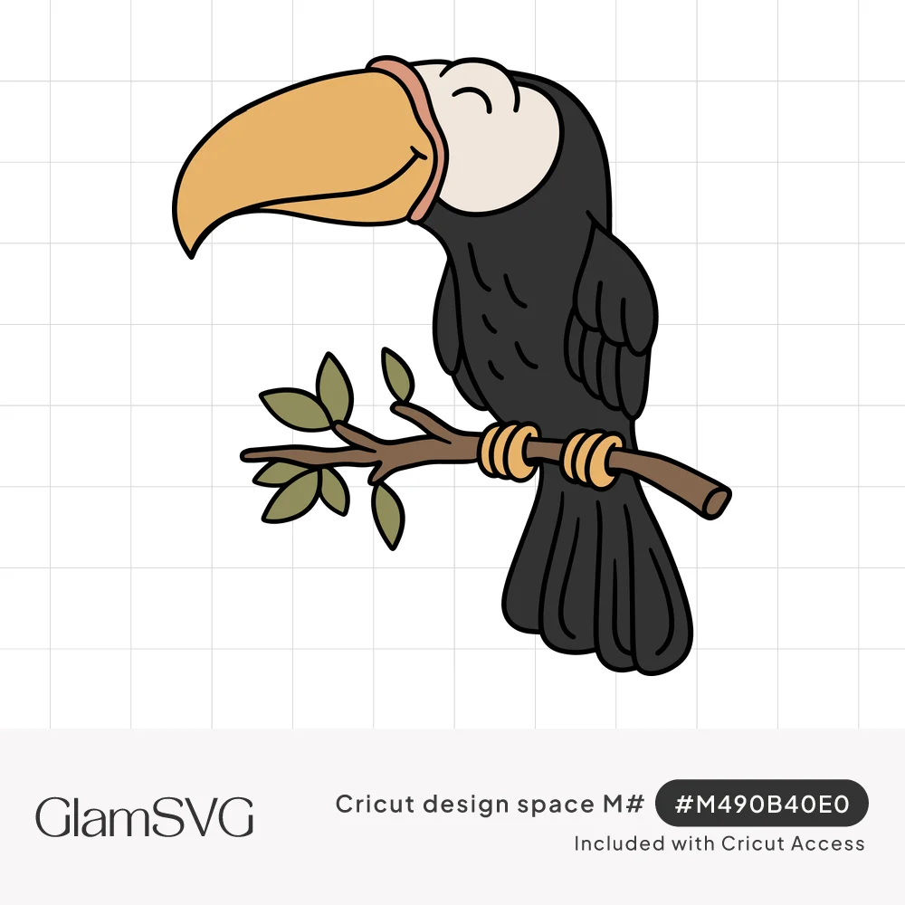 Cartoon black toucan with a large golden beak and closed smiling eyes perched on a branch with green leaves