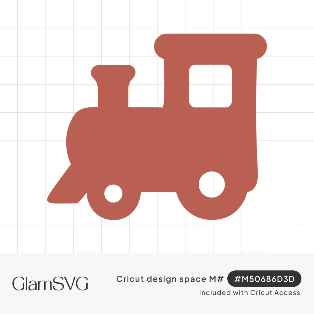 Solid brick red silhouette of a toy steam train with a smokestack, square cab window and two round wheel cutouts