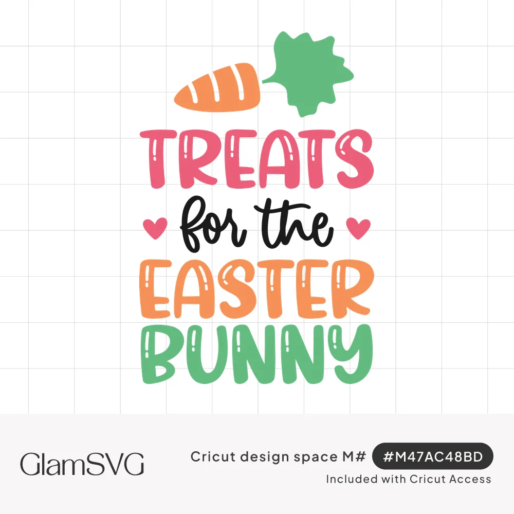 Treats for the Easter Bunny in pink, orange and green bubbly letters with black script, a carrot and small pink hearts