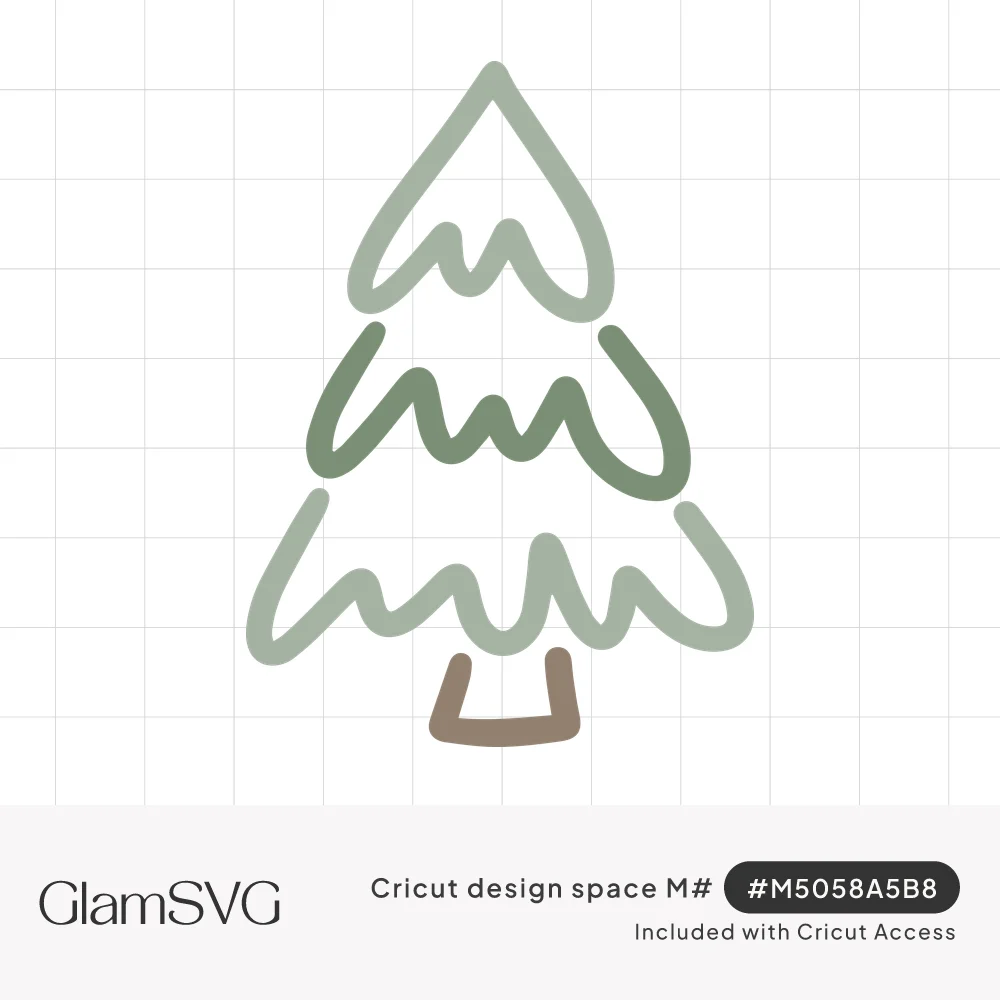 Hand drawn evergreen tree in sage and dark green wavy strokes with a small brown trunk