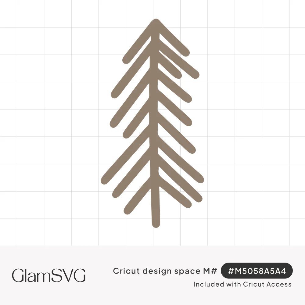 Minimalist taupe pine tree made of a straight trunk with rounded angled branch strokes on a white background