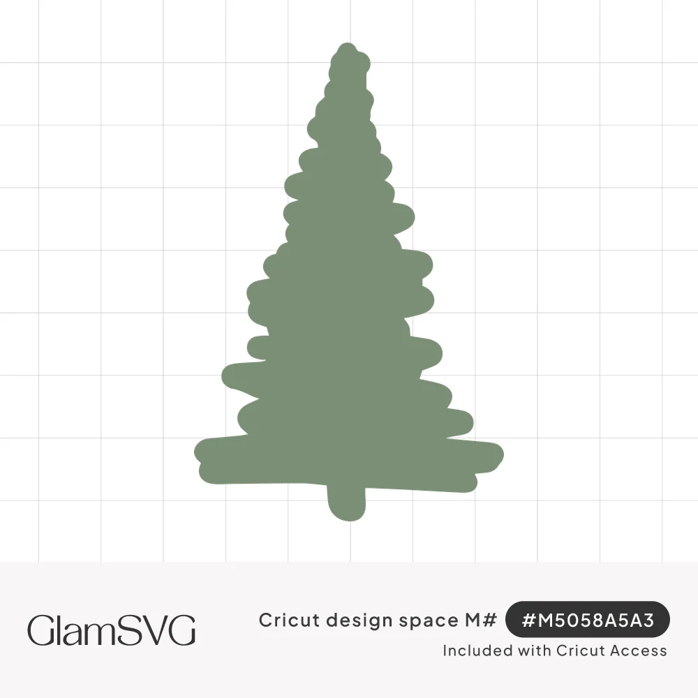 Sage green silhouette of a tall evergreen pine tree with loose, scribbled hand-drawn branches and a short trunk