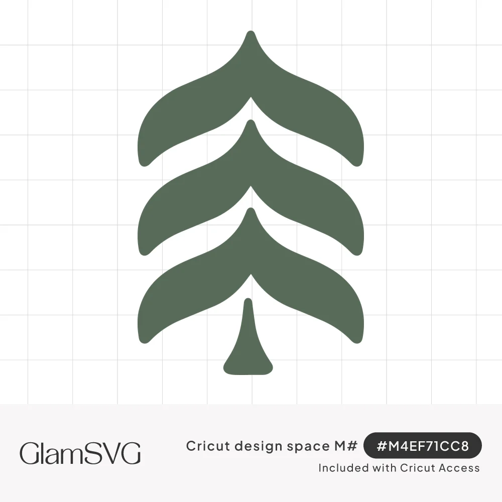 Minimalist sage green evergreen tree with three curved, leaf-like tiers stacked above a slender tapered trunk