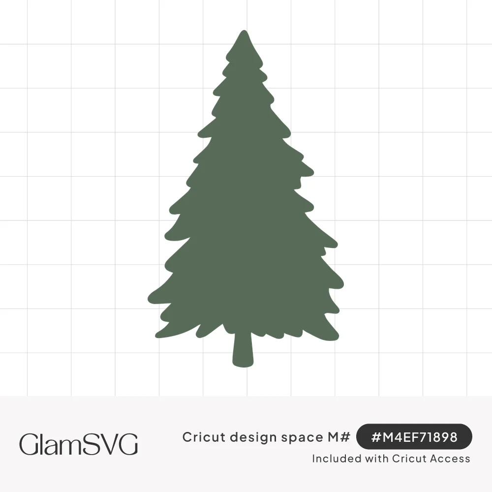 Solid sage green silhouette of a tall evergreen pine tree with scalloped branches and a short trunk