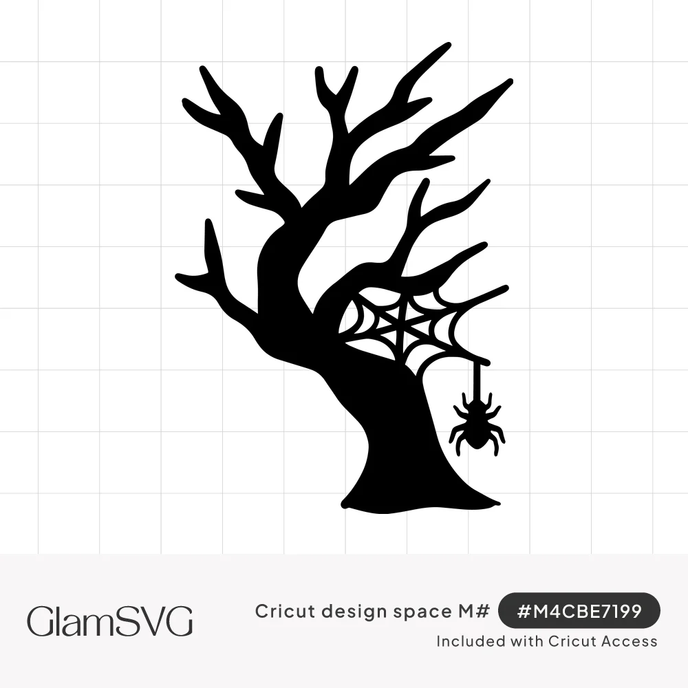 Black silhouette of a bare twisted tree with a spider web between branches and a spider hanging from a thread