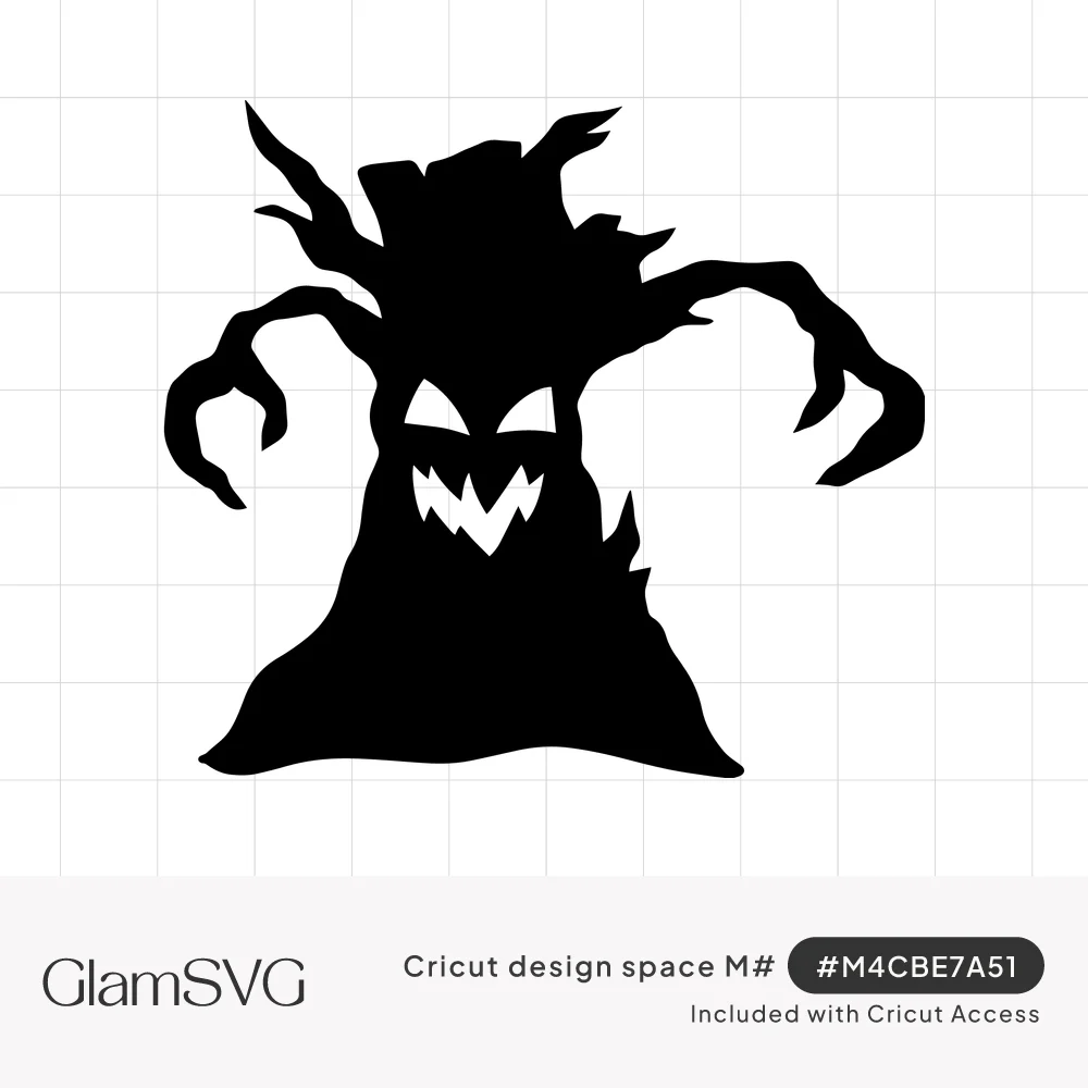 Black silhouette of a gnarled haunted tree with a scary carved grin, slanted eyes and twisted claw-like branches
